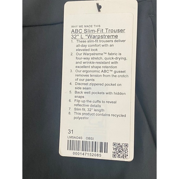 NWT Lululemon ABC Slim Fit Trouser 32"L Warpstreme Mens Pants Obsidian Black 31 - Picture 3 of 9